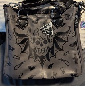 Sourpuss Lucky 13 Skull Batwing Tattoo Large Purse